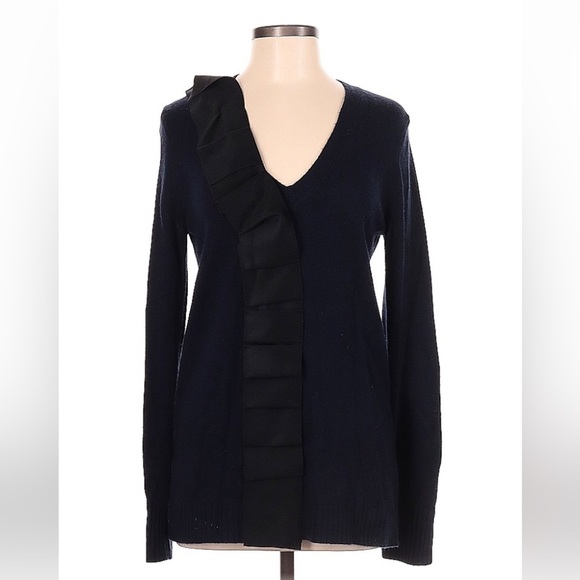 J. CREW Asymmetrical Wool/Cashmere Blend Asymmetrical Ruffle V-Neck Sweater - Picture 3 of 7